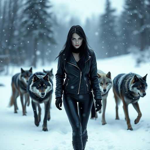 A woman wearing black leather boots and a black jacket is walking through the snow with three dogs on leashes - one brown dog, one gray dog, and one black dog. The dogs appear to be following her closely as they walk together in harmony.