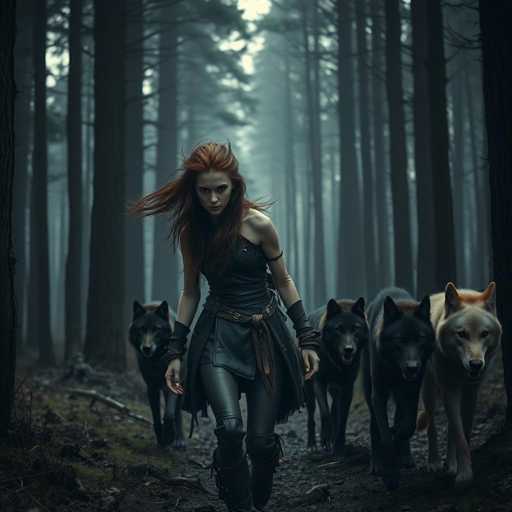 A woman with red hair and a black dress is walking through a forest, accompanied by three dogs of different colors - one white dog on the right side, another brown dog in the middle, and a third black dog on the left.