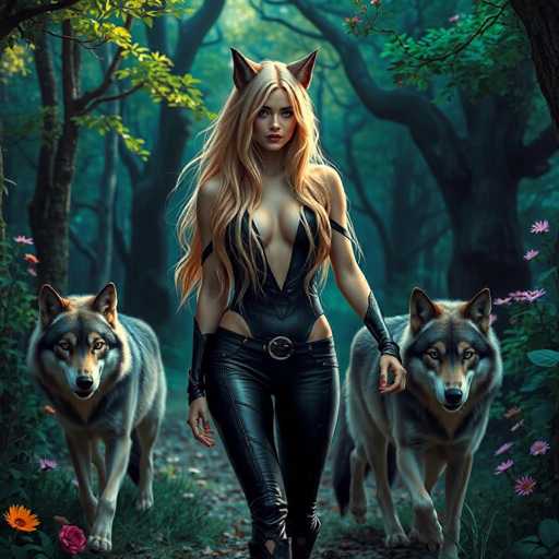 A woman with blonde hair and a black outfit is walking through a forest with two gray wolves on either side of her.