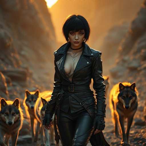A woman with short black hair and a leather jacket is walking through a rocky canyon at sunset. She is wearing gloves and carrying a sword on her shoulder. Behind her, three dogs of varying colors - brown, black, and white - are following closely behind her.