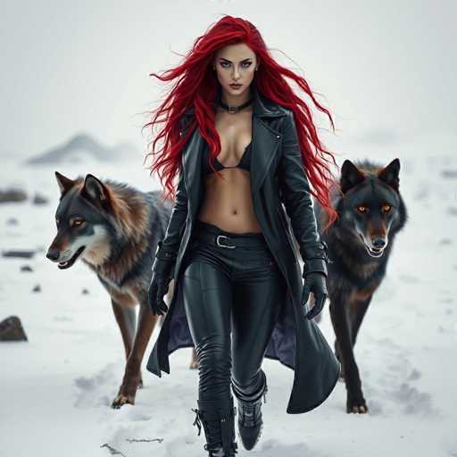 A woman with red hair and a black leather jacket is walking through the snow next to two dogs - one black and one brown.