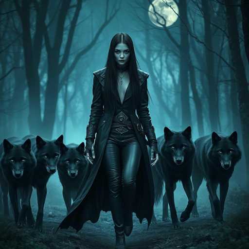 A woman dressed in a long black coat and leather boots is walking through a forest with five black wolves following her closely behind.