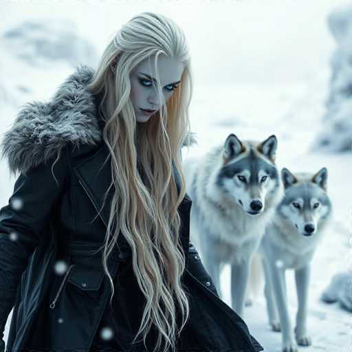 A woman with blonde hair and blue eyes is walking through a snowy landscape, accompanied by two gray wolf dogs on either side of her.