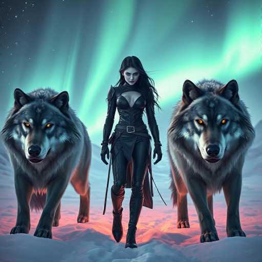 A woman dressed in black is standing on a snowy field with two large gray wolves behind her and another one further away. The sky above them is filled with green and blue hues, creating an ethereal atmosphere.
