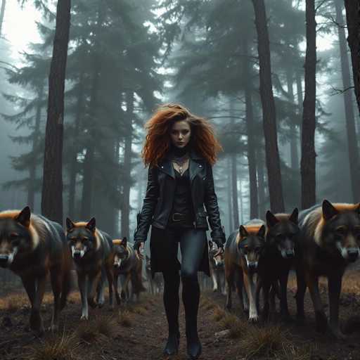 A woman with red hair and a black leather jacket is walking through a forest of tall trees on a dirt path. She is wearing black boots and carrying a large bag over her shoulder. The forest around her is dense with trees, creating an atmosphere of mystery and adventure.