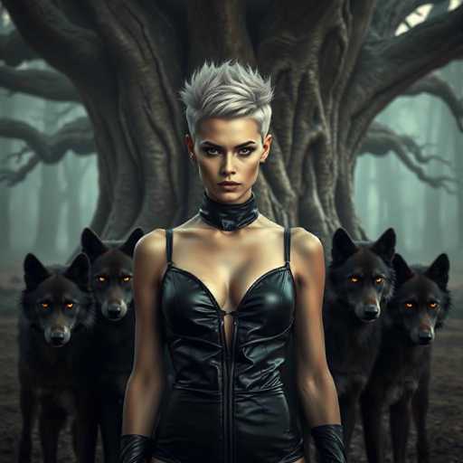 A woman with short blonde hair and a black leather outfit stands in front of three black wolves on either side of her. The background is dark and filled with trees, creating an eerie atmosphere.
