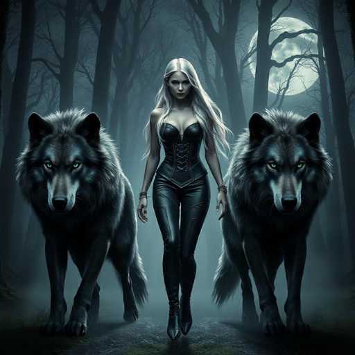 A woman with blonde hair and a black dress is walking through a forest at night, accompanied by two large wolves on either side of her.