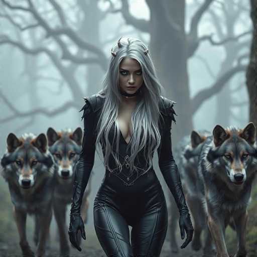 A woman with long blonde hair and a black leather outfit is walking through a forest surrounded by four dogs of various colors including brown, black, and gray.