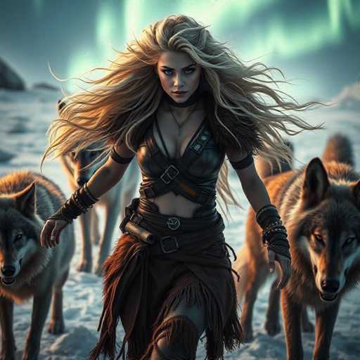 A woman with blonde hair and a black dress is walking through snow with two dogs on either side of her.