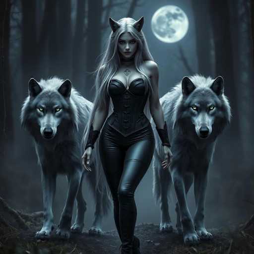 A woman with long blonde hair and a corset is standing in front of two gray wolf heads on either side of her. The wolves have pointed ears and sharp teeth, giving the impression that they are ready to attack or defend themselves against the woman.