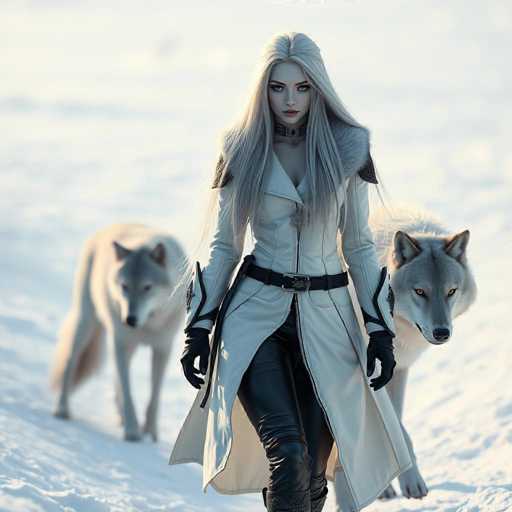 A woman with long blonde hair and a white coat is walking through the snow next to two gray wolves on either side of her.