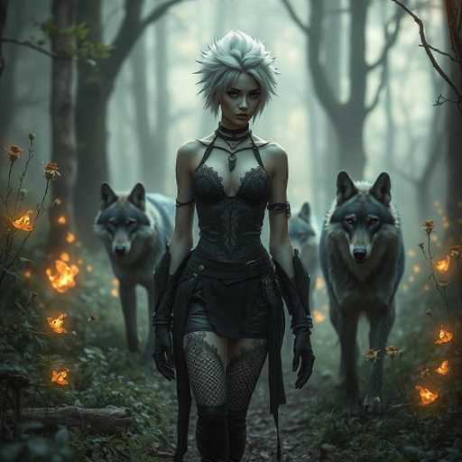 A woman with white hair and a black dress is walking through a forest, accompanied by two gray wolves on either side of her. The background features trees and flowers that glow with orange light, creating an ethereal atmosphere.