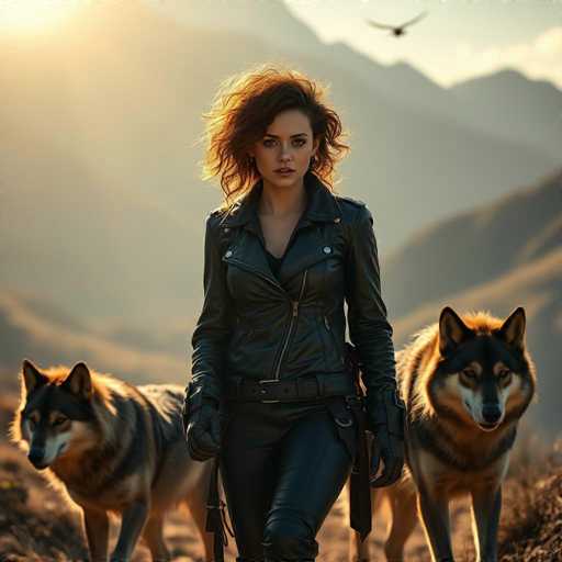 A woman with curly hair is walking on a dirt path in front of two dogs wearing black collars and leashes. The background features majestic mountains under a clear blue sky.