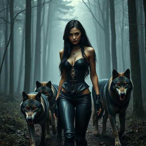 A woman with long dark hair and a black leather outfit is walking through a forest, accompanied by three dogs of different colors - one red-brown dog on the left side, another brown dog in the center, and a black dog on the right.