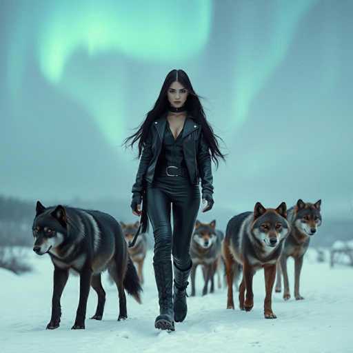 A woman wearing a black leather jacket and boots is walking with three dogs on a snowy path. The dogs are brown and white, and the sky above them has a blue hue with an orange glow from the Northern Lights.
