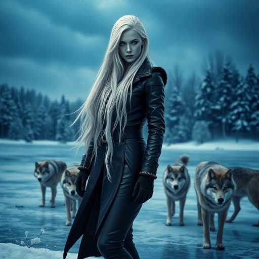 A woman with blonde hair is standing on a frozen lake surrounded by four dogs of different colors - brown, black and white, and gray. The sky above them is dark blue with clouds, creating an atmosphere of solitude and tranquility.