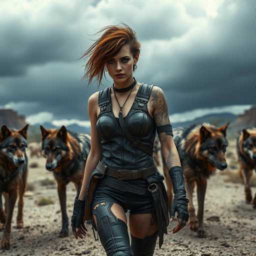 A woman with red hair and tattoos is walking through a desert landscape with three dogs following her closely behind.
