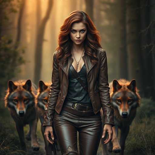 A woman with long red hair and a leather jacket is standing in front of three brown dogs in a forest setting.