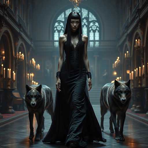 A woman dressed in a long black dress with a corset and heels is walking down an aisle in a grand hall, accompanied by two large dogs on leashes.