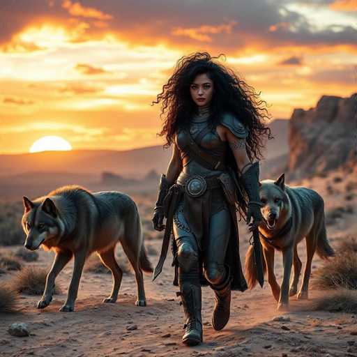 A woman with long curly hair and a black outfit is walking through a desert landscape at sunset. She is holding a sword in her right hand and has two dogs on leashes following closely behind her. The sky above them is painted in shades of orange and yellow, creating a warm glow over the scene.