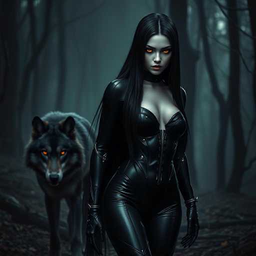 A woman dressed in black leather with red eyes stands in a dark forest surrounded by trees and bushes. A wolf is walking behind her on the left side of the image.