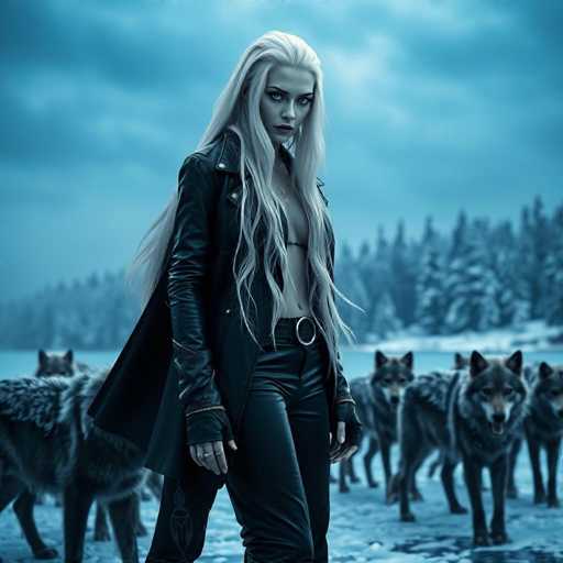 A woman with blonde hair and a black leather jacket stands confidently in the center of a snowy forest, surrounded by a pack of wolves.