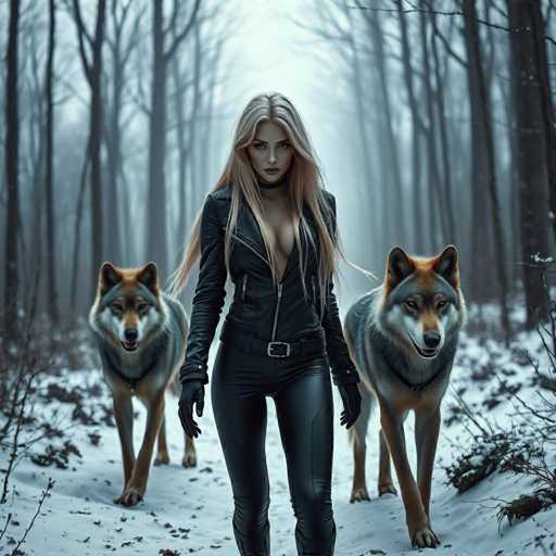 A woman with blonde hair is walking through a forest wearing black leather pants and a black jacket while accompanied by two dogs on leashes.