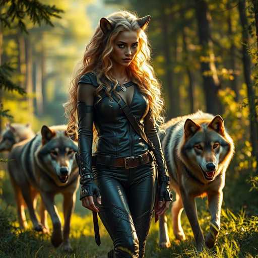 A woman with blonde hair and a leather outfit is walking through a forest with two dogs on leashes.