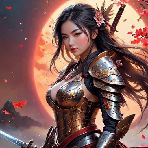 The image depicts a woman dressed as a warrior with a sword and shield, standing against the backdrop of a full moon. The woman is wearing a golden armor that glows under the moonlight, and she has long dark hair styled in an elegant updo. She holds a sword in her right hand and a shield in her left hand.