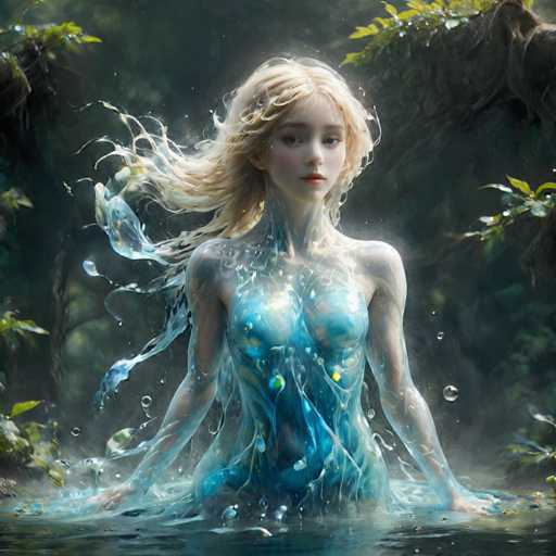 A woman with blonde hair and blue skin is depicted as a mermaid in the center of a body of water surrounded by trees and foliage. The background features green leaves and branches, creating an immersive and natural setting for the scene.