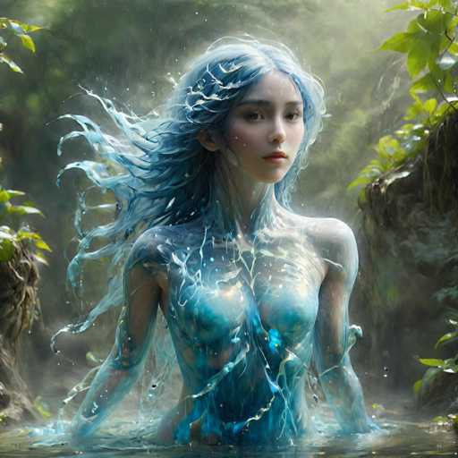 A woman with blue hair is depicted in a body of water surrounded by green foliage and rocks. The image has an artistic style that combines elements of surrealism and fantasy.