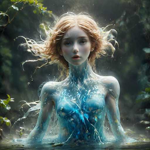 A woman with blonde hair and blue skin is depicted in a body of water surrounded by green plants. The background features trees and foliage, creating an immersive and natural setting for the scene.