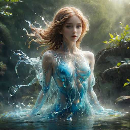 A young woman with red hair is depicted as a mermaid in the midst of a river surrounded by lush green trees and rocks. The water around her is blue, creating an ethereal atmosphere.