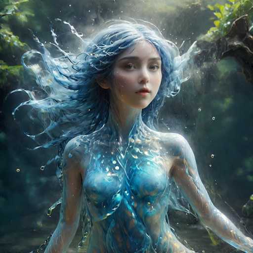A young woman with long blue hair is depicted as a mermaid standing on one leg in the center of an underwater scene. The background features a dark green color and trees can be seen in the distance.