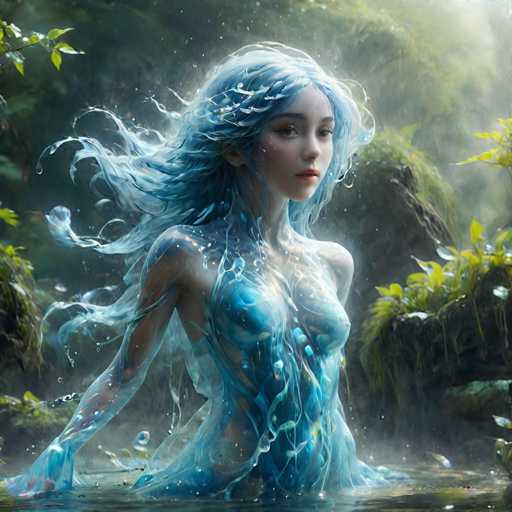 A woman with blue hair is depicted as a mermaid standing in water surrounded by green plants and trees. The image has a dreamy and ethereal quality due to the use of watercolor techniques that create a soft and translucent appearance.