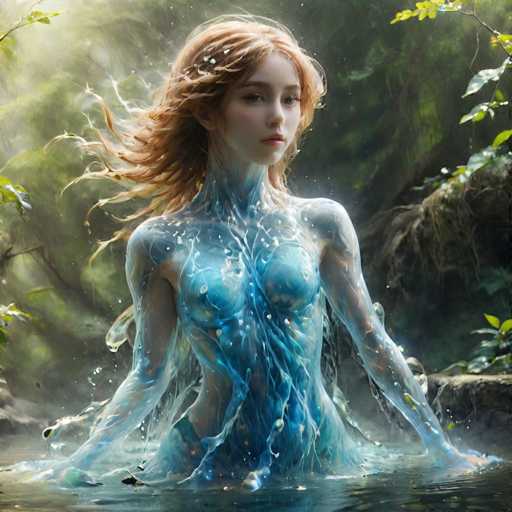 A woman with long red hair is depicted as a mermaid in the midst of a river surrounded by lush green trees and foliage. The water around her is blue, creating an ethereal atmosphere.