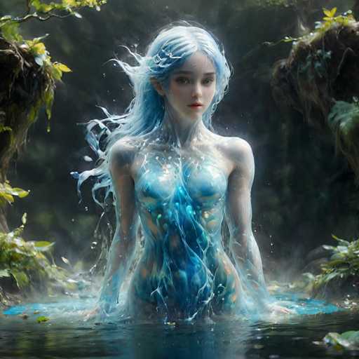 A woman with blue hair is depicted in a digital art piece, surrounded by lush green foliage and trees. The background features water and rocks, adding depth to the scene.