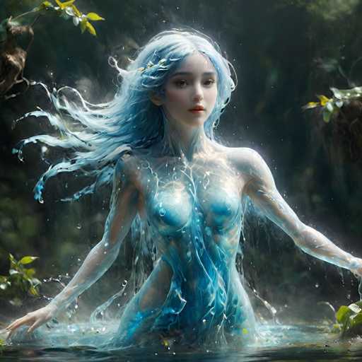 A woman with blue hair is depicted in a body of water surrounded by green plants and trees. The image shows the woman's face prominently displayed against the backdrop of the natural environment.