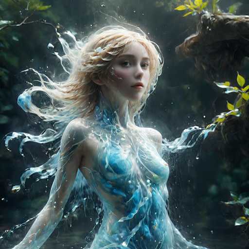 A woman with blonde hair and blue skin is depicted as a mermaid standing on one leg in front of a tree. The background features green leaves and branches, creating an impressionistic style that emphasizes the play of light and shadow over the subject's form.