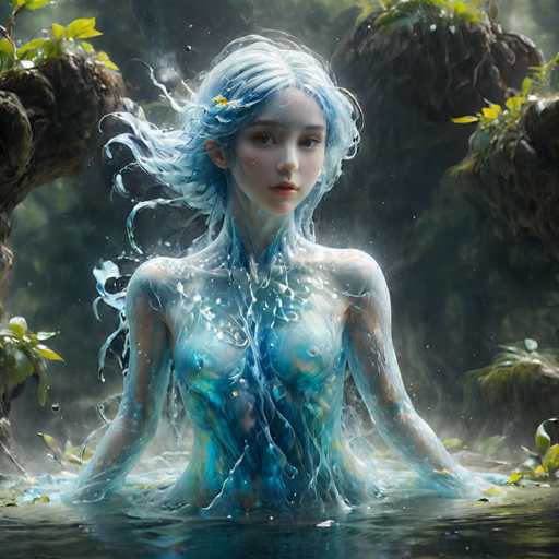 A woman with blue hair is depicted in a body of water surrounded by trees and rocks. The image has a digital or computer-generated style, giving it an artistic feel.