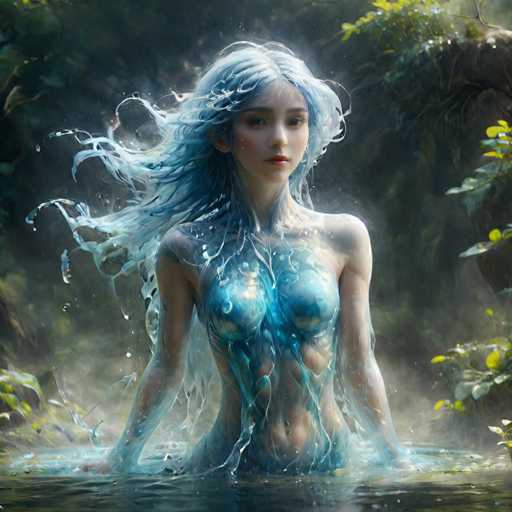 A woman with blue hair is depicted in a body of water surrounded by green plants and trees. The image has a digital or computer-generated style, giving it an artistic feel.