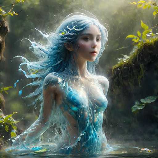 A woman with blue hair is depicted as a mermaid standing in water surrounded by green plants and trees. The image has a dreamy and ethereal quality due to the use of watercolor techniques that create a soft and translucent appearance.