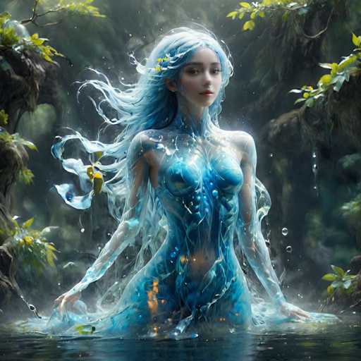 A woman with blue hair and a green dress is depicted in a body of water surrounded by trees and plants.