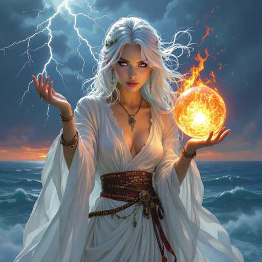 The image features a beautiful woman with blonde hair, dressed in an elegant white gown. She is holding a glowing orb that appears to be made of fire or light, which adds a sense of magic and mystery to the scene. The woman's position near the ocean suggests she might be on a boat or close to the water. Her attire includes a necklace, further enhancing her regal appearance. Overall, this image portrays an enchanting and captivating figure that exudes confidence and grace.
