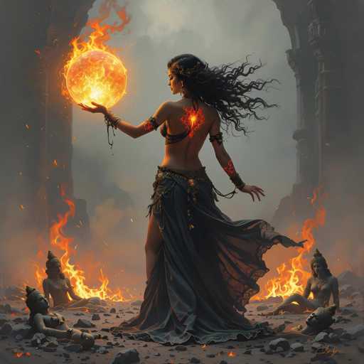 The image features a beautiful woman with long, dark hair and an intricate black dress. She is holding a large ball of fire in her hand, which appears to be glowing intensely. The setting seems to be a dark cave or a burning pit, adding to the mysterious atmosphere surrounding the scene. In addition to the main subject, there are two other people present in the image - one on the left side and another on the right side. They appear to be observing the woman with the fire ball as she holds it up in her hand.