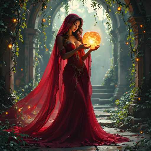 The image features a beautiful woman dressed in an ornate red gown, standing on a stone path and holding a glowing orb. She is wearing a long red dress that flows down to her feet, adding elegance to the scene. The woman's position near a staircase suggests she might be in a castle or palace setting, where such regal attire would be appropriate. Her gaze towards the orb indicates she is focused on it, possibly seeking guidance or protection from its powers.