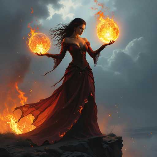 The image features a beautiful woman dressed in an old-fashioned, long dress with a cape. She is standing on top of a cliff and holding two balls that are glowing intensely with fire. The fiery appearance of the balls adds to her striking and enchanting presence. Her attire and location suggest she might be a witch or a powerful figure from a bygone era.