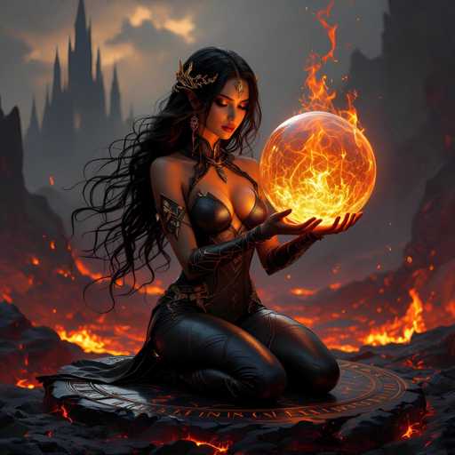 The image features a beautiful woman with long hair, dressed in black and holding an orange ball of fire. She is kneeling on the ground, which appears to be made of rocks or lava, adding a sense of danger and intensity to the scene. The fiery ball she holds seems to be glowing intensely, further emphasizing the theme of flames and fire. This captivating image evokes feelings of power, strength, and mystery, as it showcases the woman's connection with the elements around her.