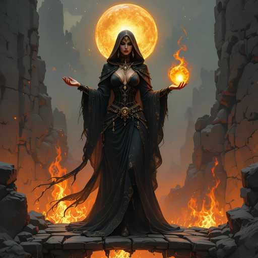 The image features a beautiful woman dressed in black, standing on a stone bridge that is surrounded by flames. She holds a golden flame in her hands, which adds an element of power and magic to the scene. The woman's attire includes a hooded robe, further enhancing the mysterious and enchanting atmosphere of the painting.