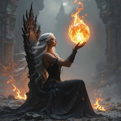 The image features a beautiful woman with long blonde hair, dressed in an elegant black dress. She is sitting on a throne-like chair and holding a glowing orb that appears to be emitting fire. The scene takes place in a dark setting, possibly a forest or castle ruins, which adds to the mysterious atmosphere of the image.